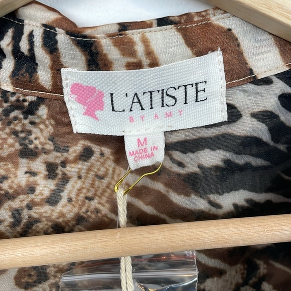 L' Atiste Womens M Animal Print Long Sleeve Belted 1/2 Button Down Lined Romper - Picture 11 of 11